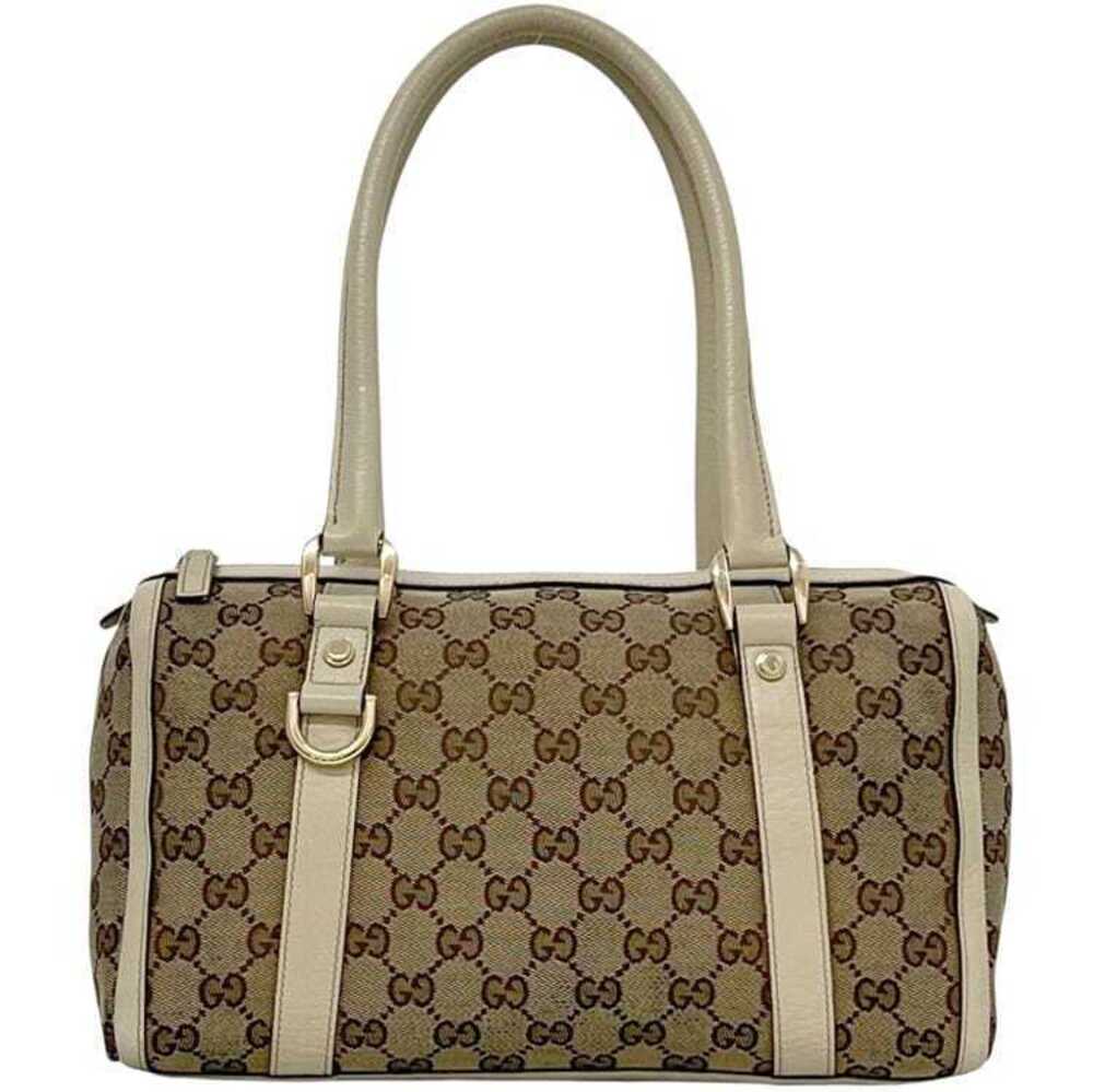 Gucci Boston Bag Beige White Abbey Canvas Leather Handbag GG Zip All over